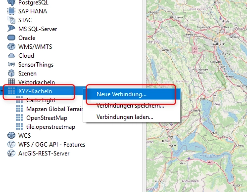QGIS: Neue Verbindung bei XYZ Tiles anlegen