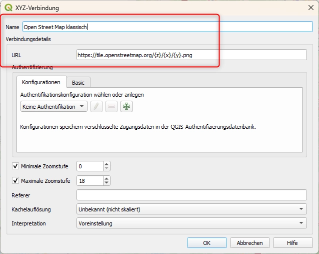 QGIS: Name und URL der Kachelverbindung eintragen
