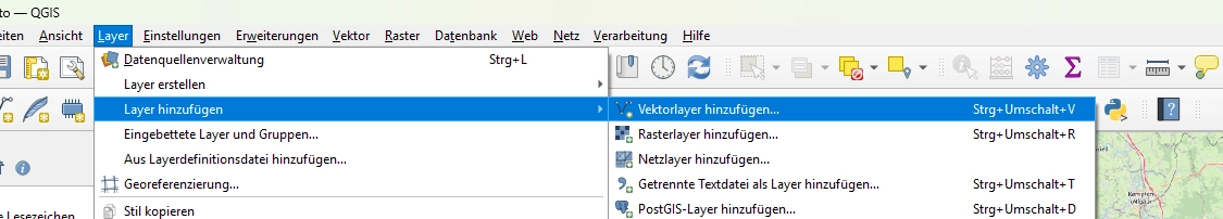 QGIS: Menü Layer hinzufügen, Vektorlayer