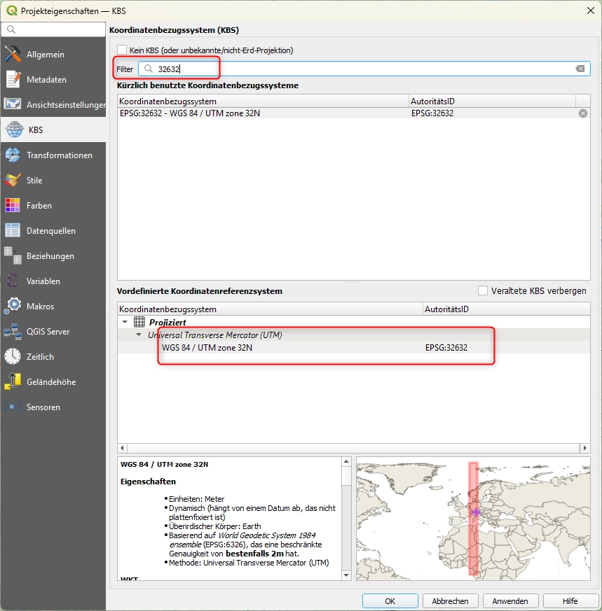 QGIS: Koordinatenbezugssystem auf EPSG:32632 (UTM) umstellen