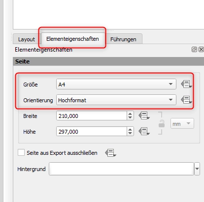 QGIS Drucklayout: Seitengröße DIN A4 Hochformat