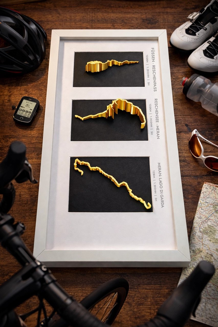 Drei Etappen als goldene 3D-Reliefs in einem Rahmen, daneben Radhelm und Fahrradcomputer