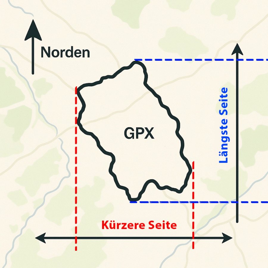 Schema: die längste Seite des genordeten GPX-Modells bestimmt die Druckgröße
