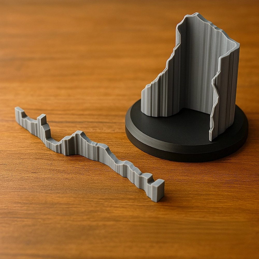 Graues 3D-Relief auf einem runden Podest neben dem Flachrelief
