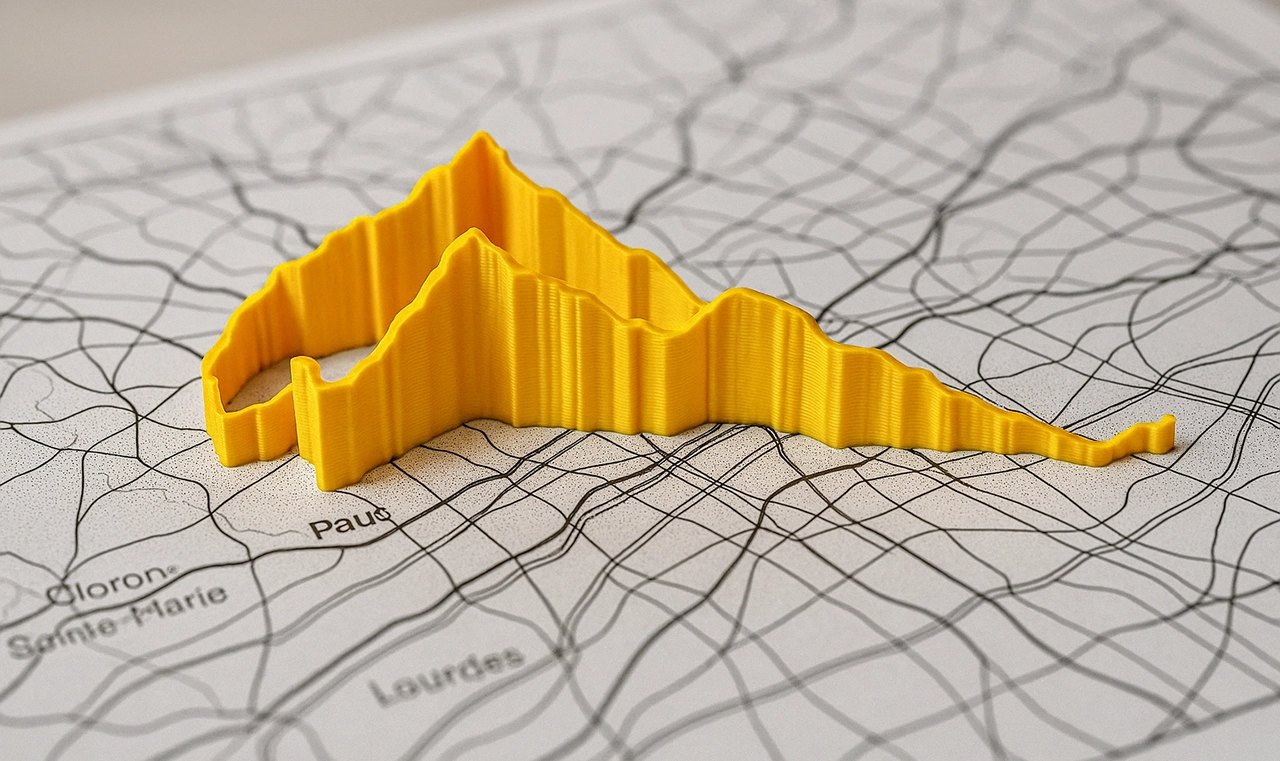 Gelbes 3D-Relief einer Route auf einer Landkarte – Höhenprofil zum Anfassen